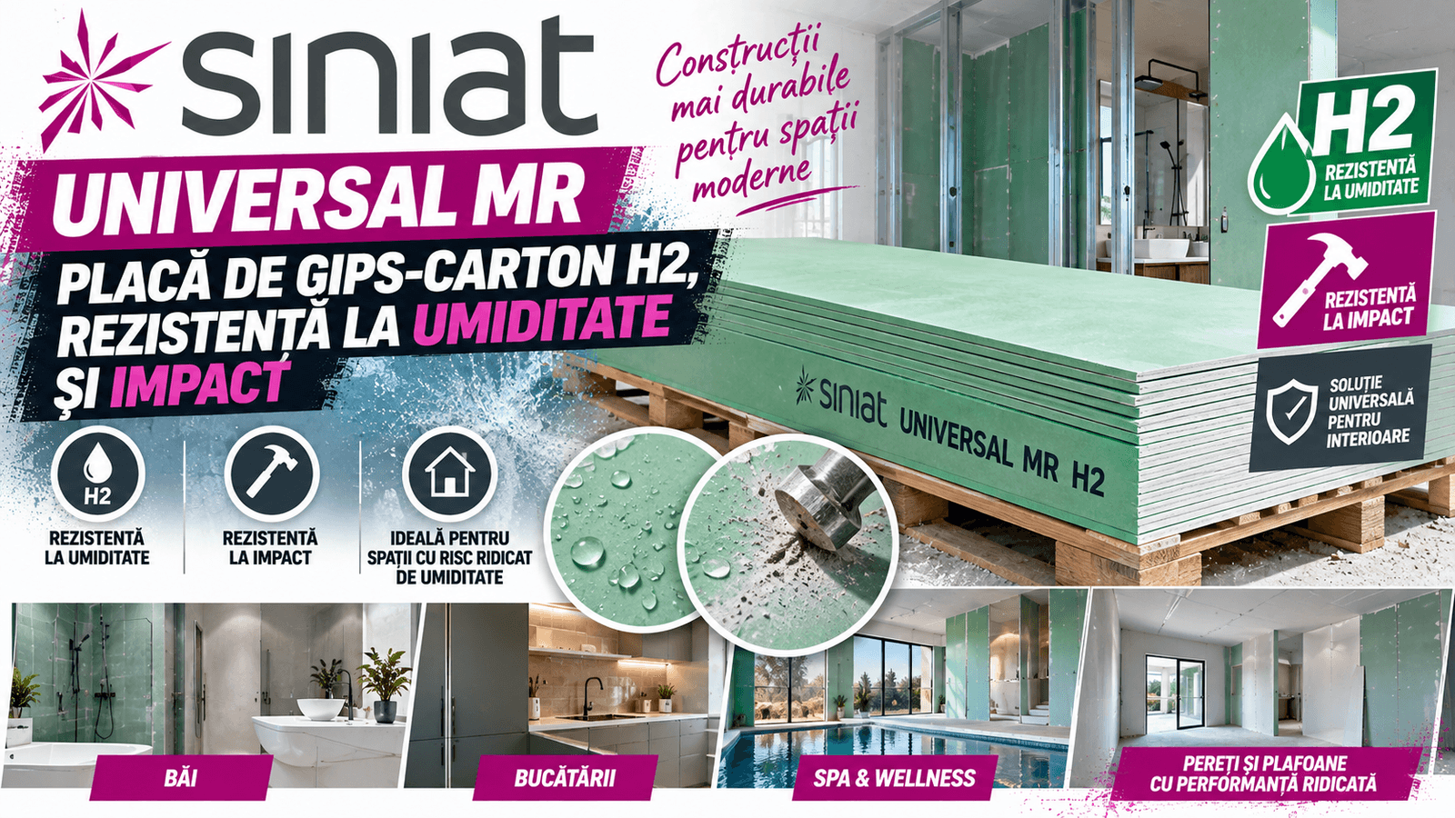 Siniat Universal MR: placă de gips-carton H2, rezistentă la umiditate și impact